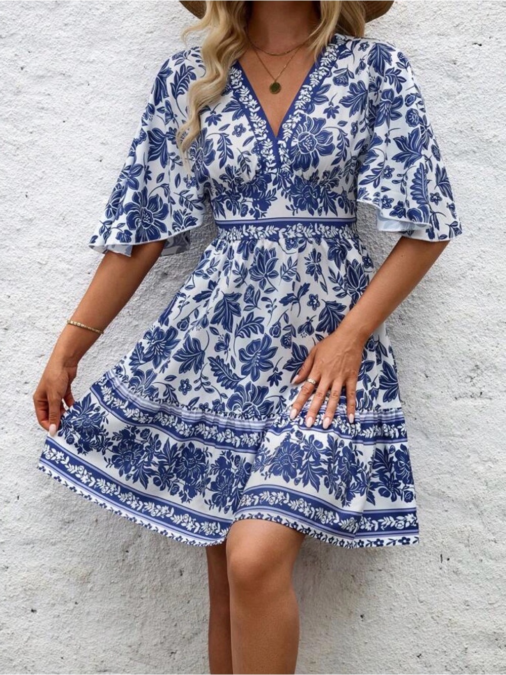 NWOT gathered waist blue and white batwing dress, size medium